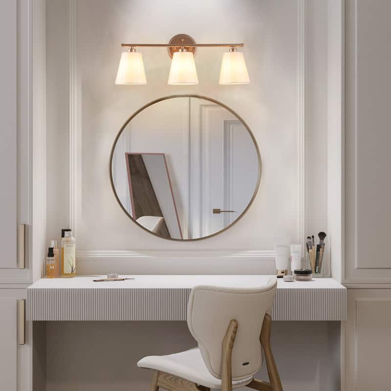 Fabrey Mid-century Modern 3-light Gold Bathroom Vanity Light Cone Beige Fabric Shade Dimmable Wall Sconces