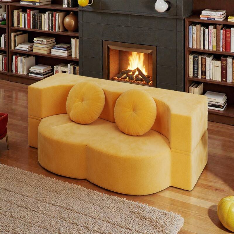 Convertible Floor Sofa Bed with 2 Pillows, Plush Corduroy Foam-Filled Folding Mattress, Full Size Sleeper, No Assembly Needed - Yellow