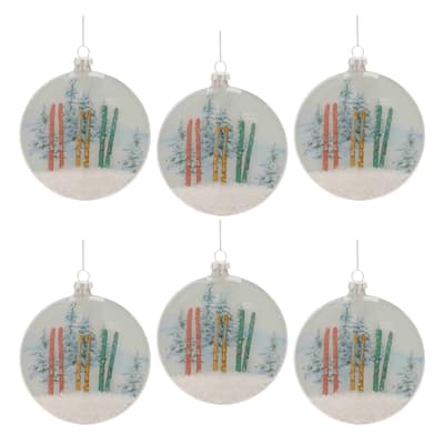 Set of 6 Glass Snow Disc Ornaments for Holiday Tree Decorations - 4" x 1.25" x 4.5"
