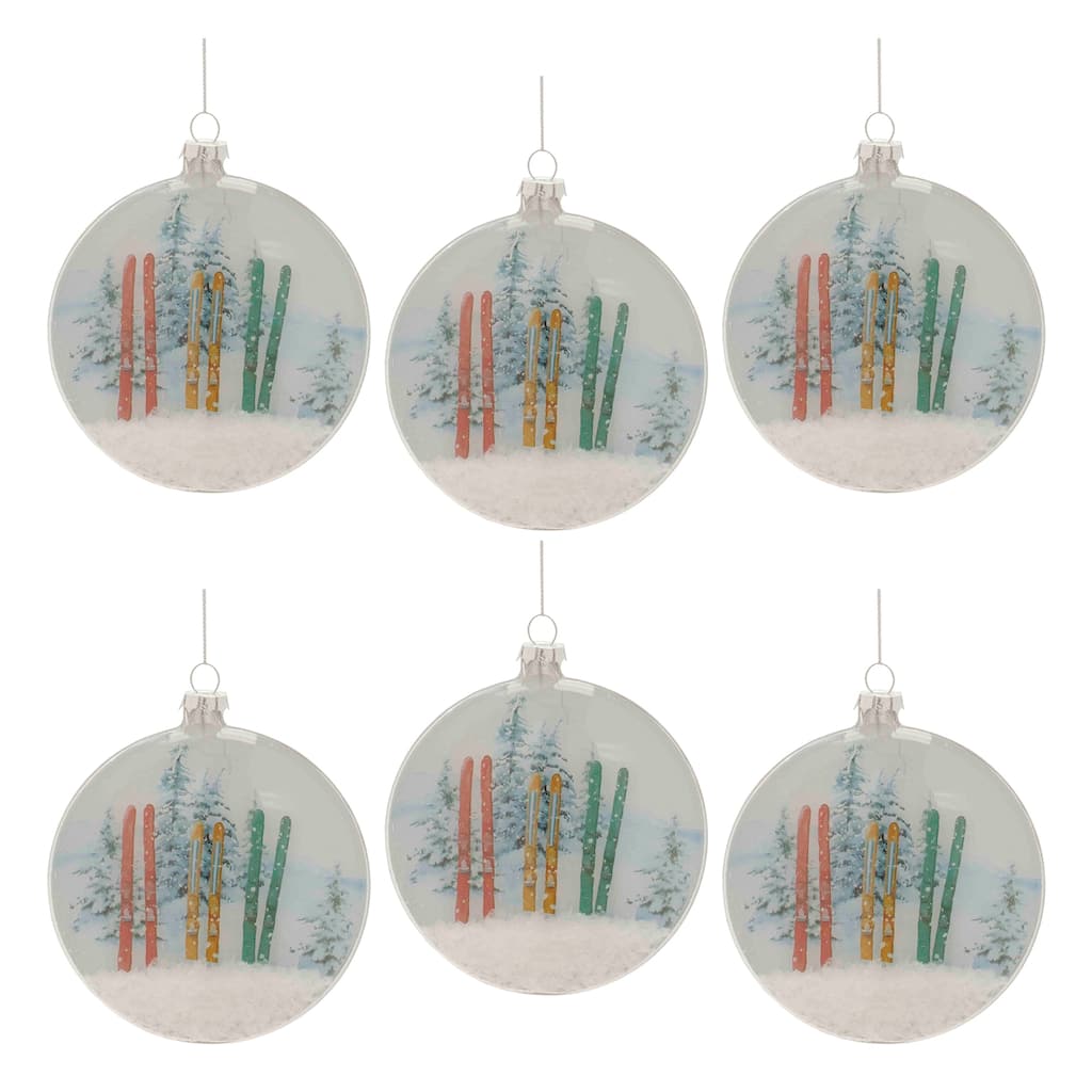 Set of 6 Glass Snow Disc Ornaments for Holiday Tree Decorations - 4" x 1.25" x 4.5"