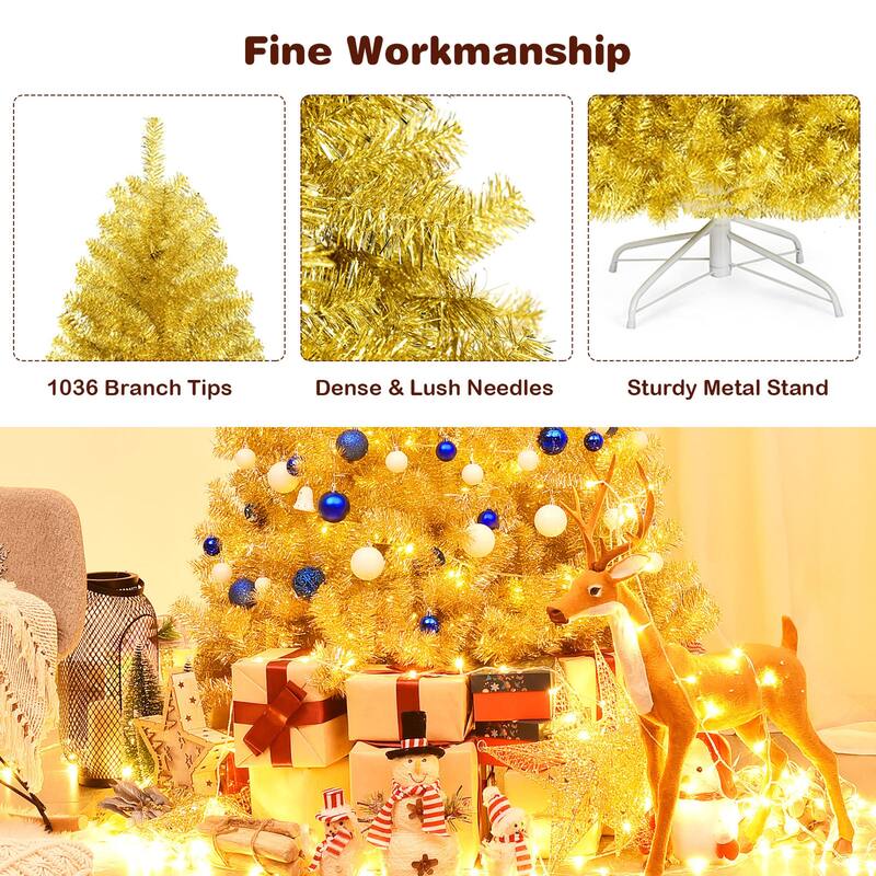 Gymax 6FT Tinsel Christmas Tree Artificial Hinged w/ Metal Stand - See Details