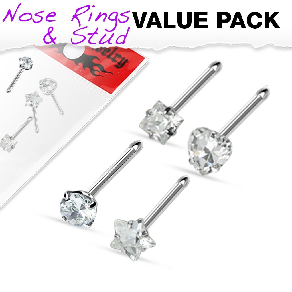 3 Pc Pack of Assorted .925 Sterling Silver Nose Stud Bone Ring