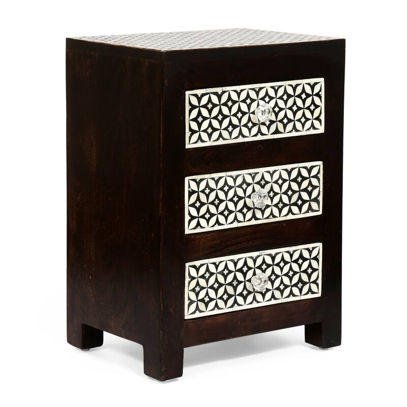 17" Retro Dark Walnut Wood Nightstand with 3 Drawers
