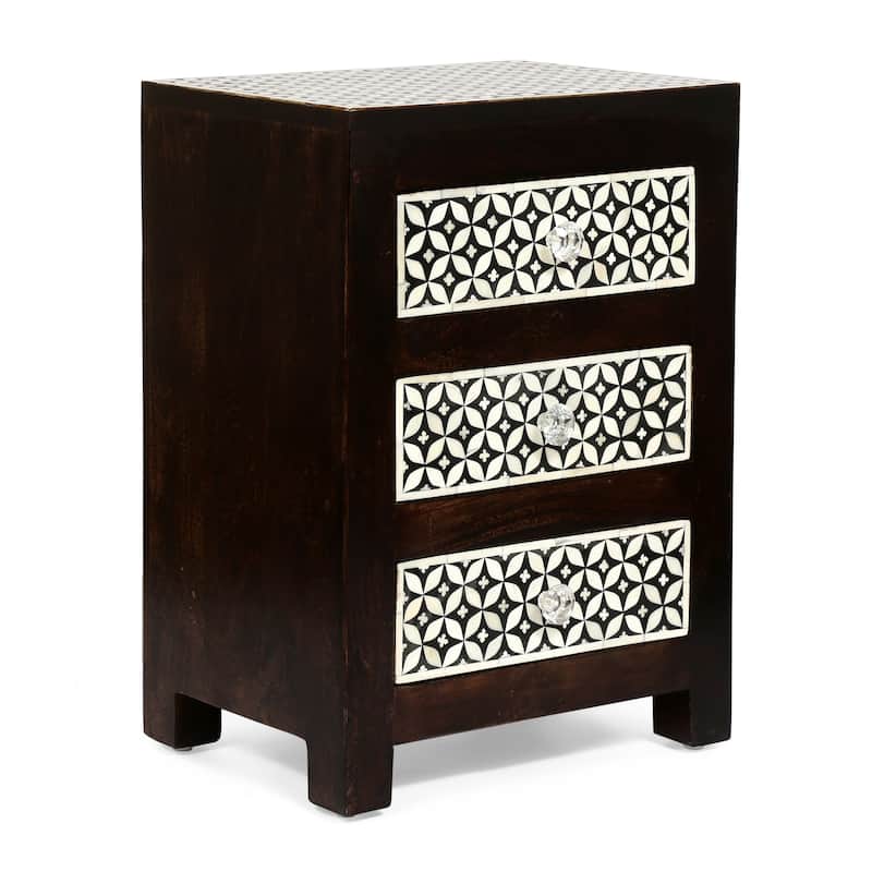 Roomfitters Bohemian Bedside Table, Solid Wood Nightstand with Bone Inlay Pattern and Crystal Knobs, Black + Dark Walnut