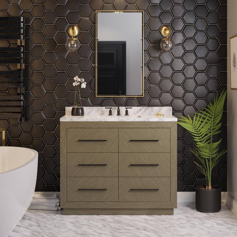 KitchenBathCollection Avery 42" Bathroom Vanity with Carrara Marble Top - Gray Oak