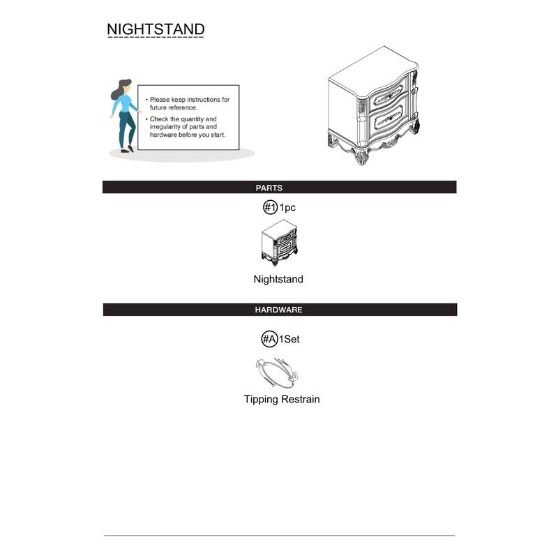 Pearl White Traditional 1pc Solid Wood Nightstand w/ 2 Drawers & Marble Top for Bedroom