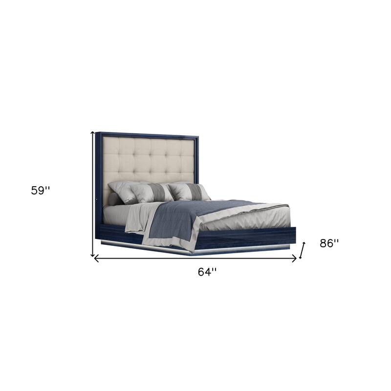 HomeRoots Blue and Gray Wood And Tufted Faux Leather Lighted Queen Bed Frame