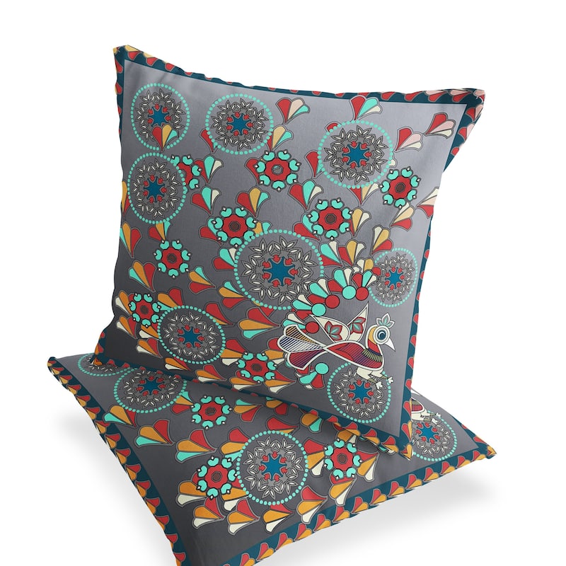 HomeRoots Set of Two 16" X 16" Gray and Yellow Peacock Blown Seam Floral Indoor Outdoor Throw Pillow - 16.00' X '16.00' X '5.00