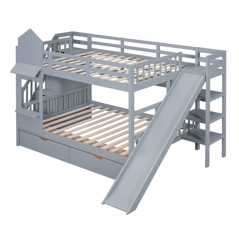 Solid Wood Castle Style Bunk Bed with Drawers and Slide