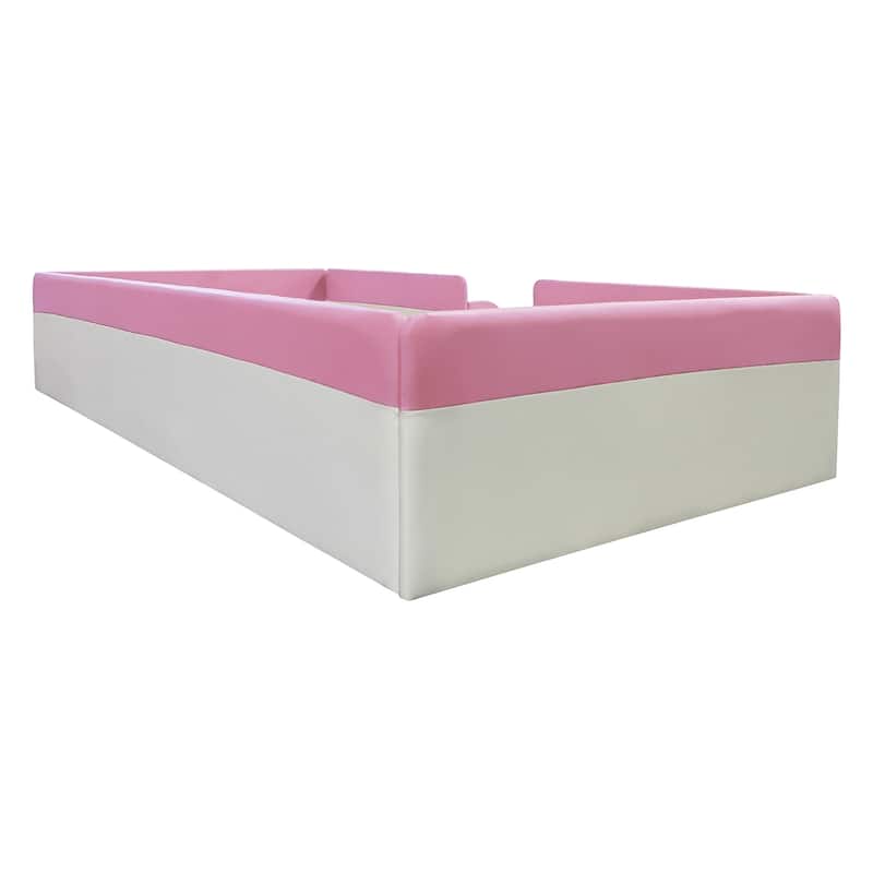 Twin Size Upholstered Daybed Frame with Fence and Stairs(Pink+White)