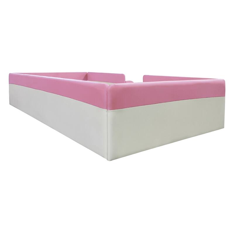 Upholstered Floor Bed Fence Bed Slat Platform Bed with Fence and Second Level Ladder, Anti-collision Frame for Kids Toddler