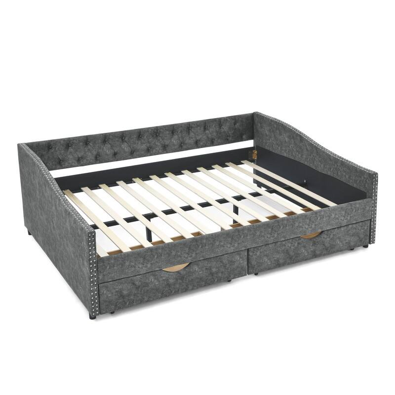 Upholstered Queen Daybed with Two Storage Drawers,Queen Size Button Tufted Sofa Bed Daybed