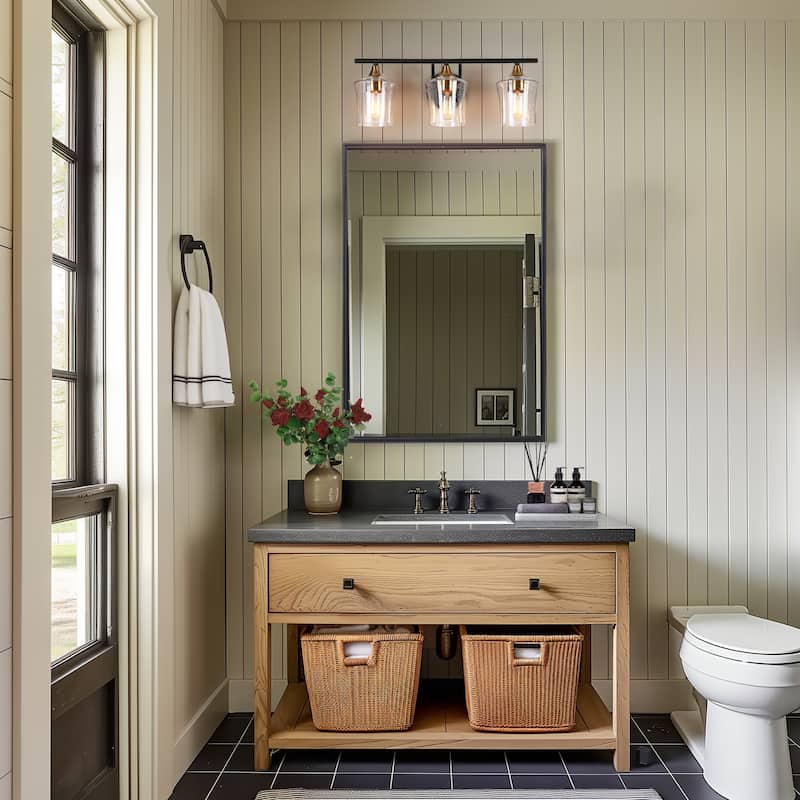 Modern Black Gold 2/3/4-Light Linear Bathroom Vanity Lights with Seeded Glass