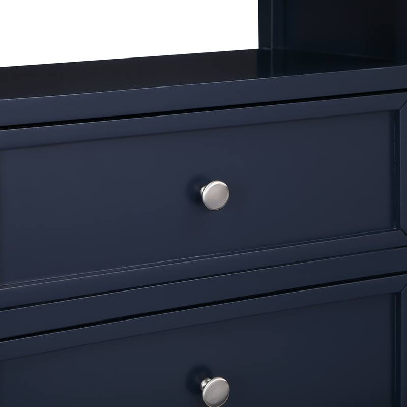 Midnight Blue Nightstand with 2 Drawers and Open Shelf, Nickel Knobs
