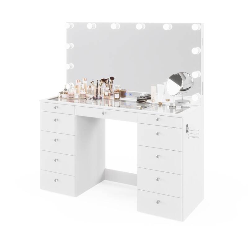 Boahaus Elle Makeup Vanity with Bluetooth Speaker, 12 Lights, and 11 Drawers