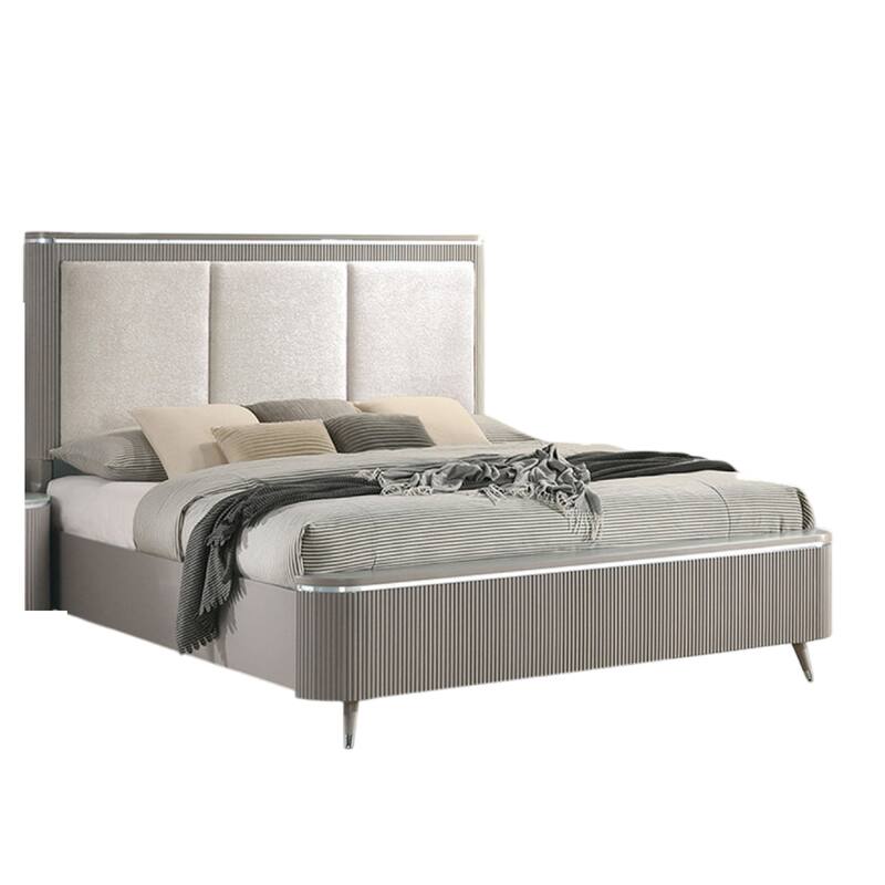 Gema Queen Bed, Channeled Upholstery, Reeded w Silver Line, Light Gray