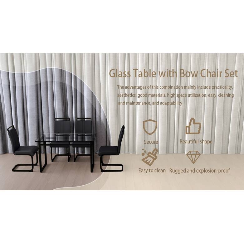 Glass 5-Piece Dining Table Set with 4 PU Upholstered Chairs