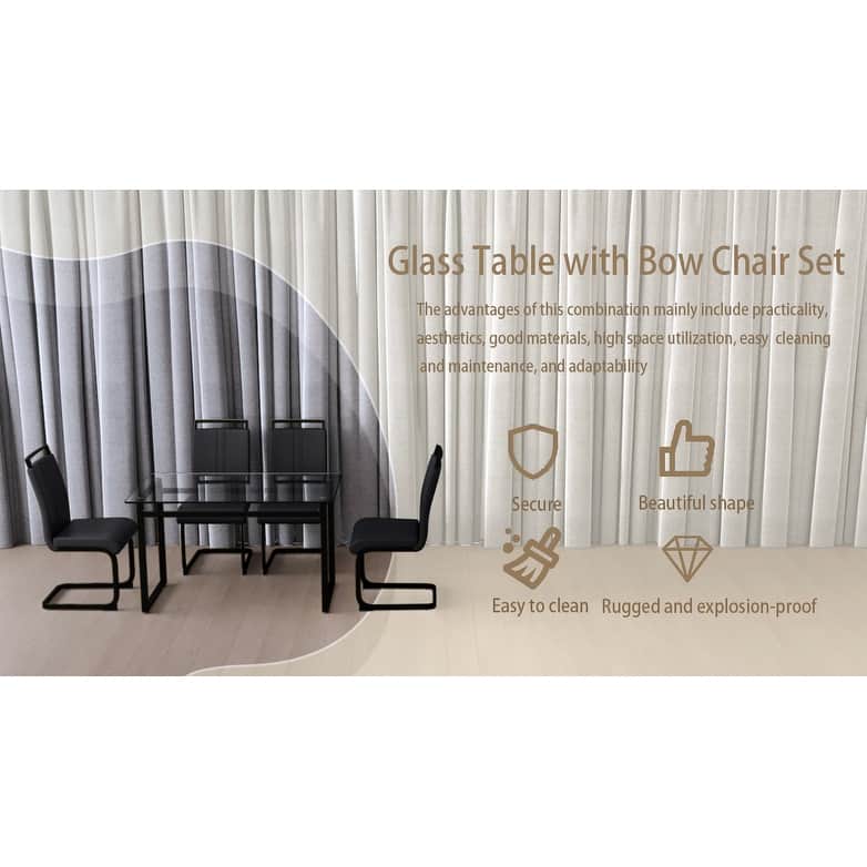 Modern 5-Piece Dining Set with Rectangular Glass Table & High Back Metal C-shaped Tube Chairs