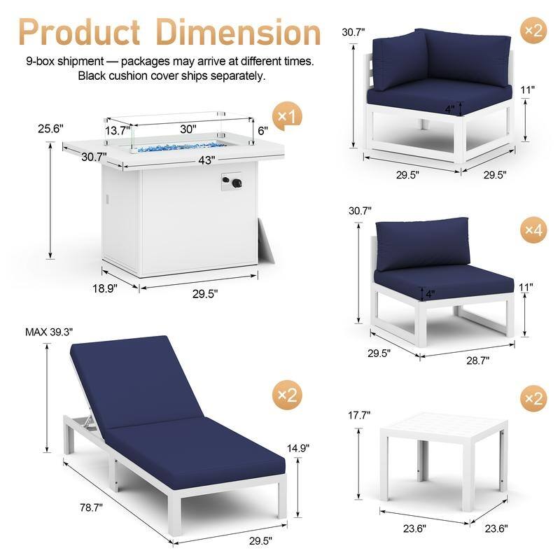 11-Piece Luxury Aluminum Outdoor Furniture Set with Chaise Lounge & Fire Pit Table, 29" Deep Seating Aluminum Patio Sectional
