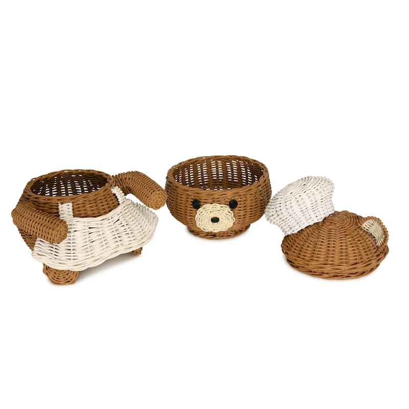 Chef Bear Rattan Storage Basket with Lid Decorative Home Decor Hand Woven Shelf Organizer Cute Handmade Handcrafted Gift Artwork