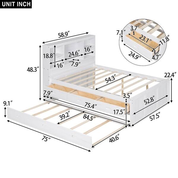 dimension image slide 0 of 2, Full Size Platform Bed with Trundle and Storage Headboard, Kids Bed Frame with Charging Station and 3-Drawers, Antique Brown