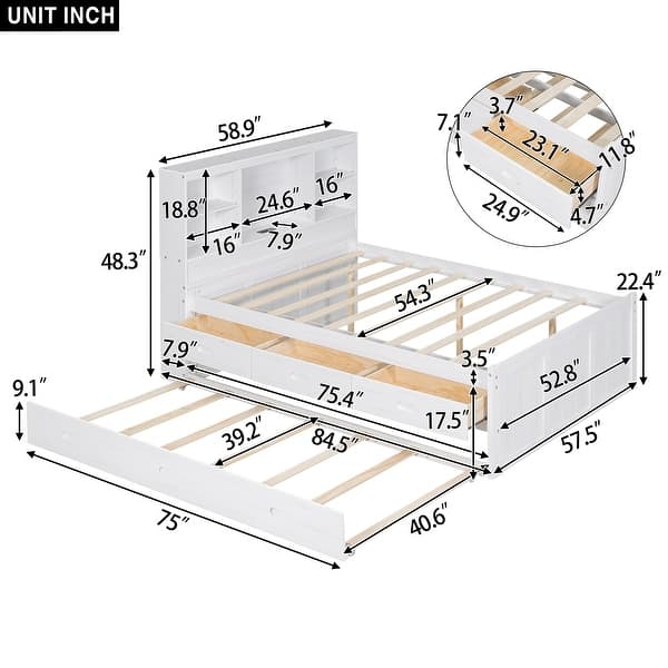Full Size Platform Bed with Trundle and Storage Headboard, Kids Bed Frame with Charging Station and 3-Drawers, White