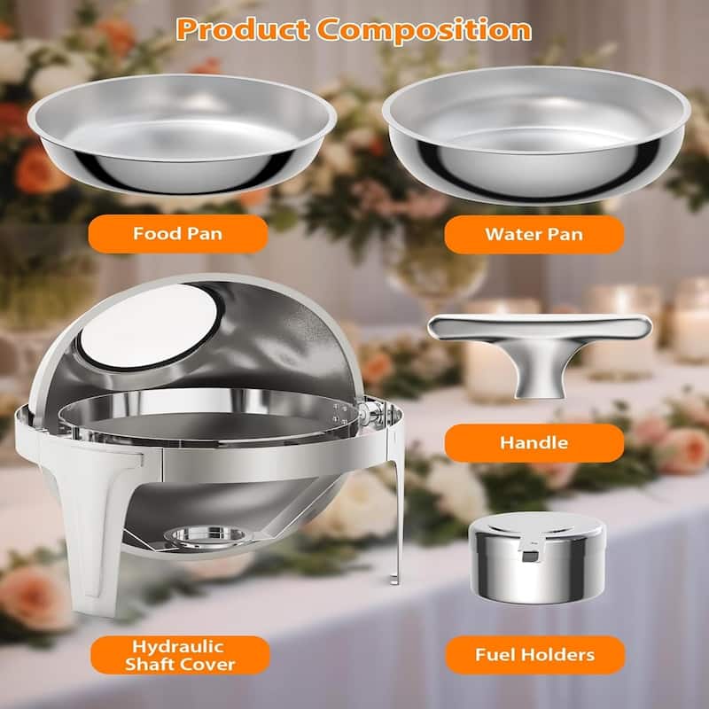 6.3 Quart Round Roll Top Chafing Dish Buffet Set with Glass Window for Party Wedding Banquet Graduation Event Silver - 6L