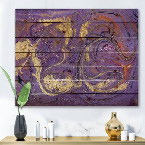 Designart 'Gold And Purple Marbled Rippled Texture II' Modern Print on Natural Pine Wood