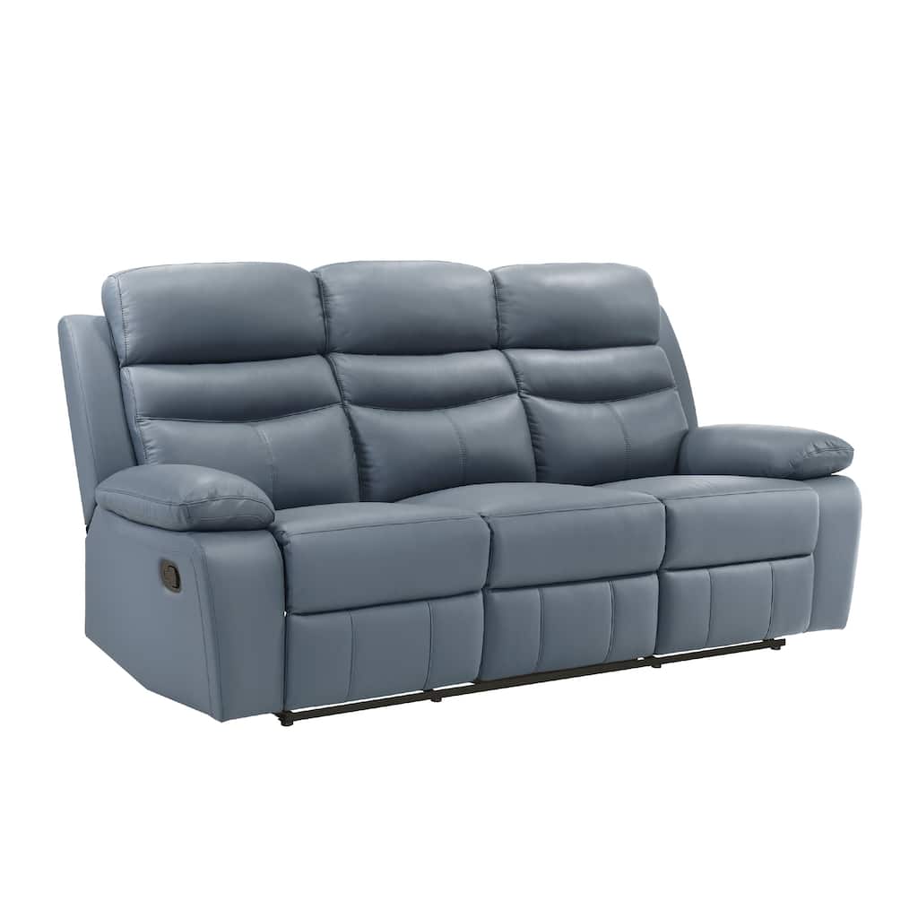 Hanna Manual Double Reclining Sofa, Blue Top Grain Leather, 87 Inch