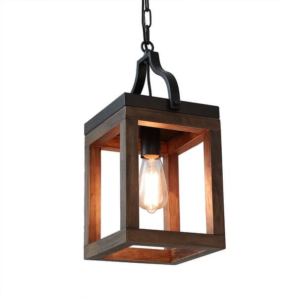 slide 2 of 6, Anmytek Wood Pendant Light Rustic Rectangle Wood Frame Adjustable Hanging Light Kitchen Island Vintage Ceiling Light Fixture Brown