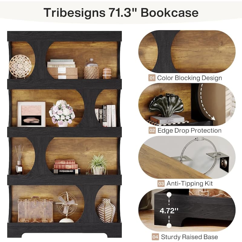 71” Tall Bookshelf, 4-Tier Wood Bookcase for Living Room