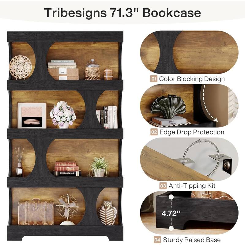 Black Wood 4-Tier Bookcase, 71” S-Shaped Tall Display Bookshelf