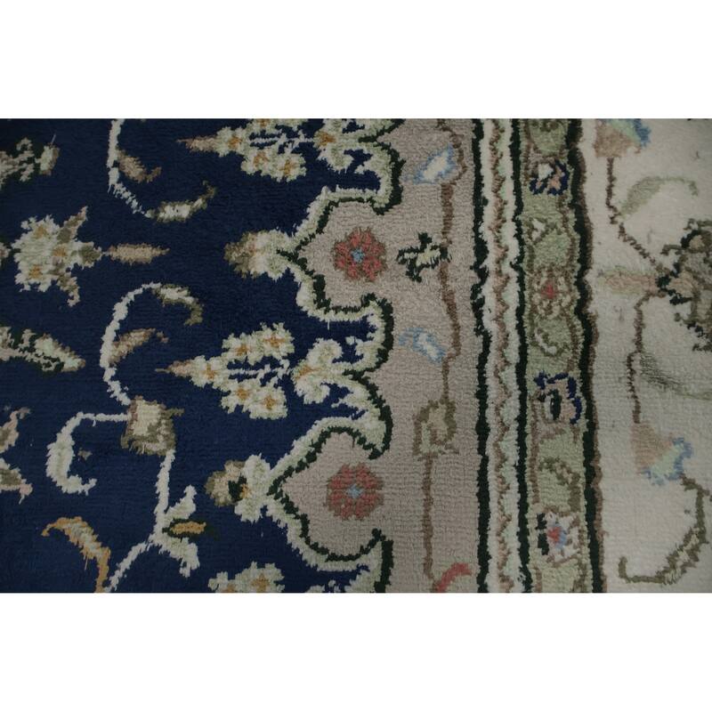 Hand Knotted Oriental Silk Carpet Traditional Floral Navy Blue & Blues Kashmar Area Rug - 7' 10'' X 5' 0''