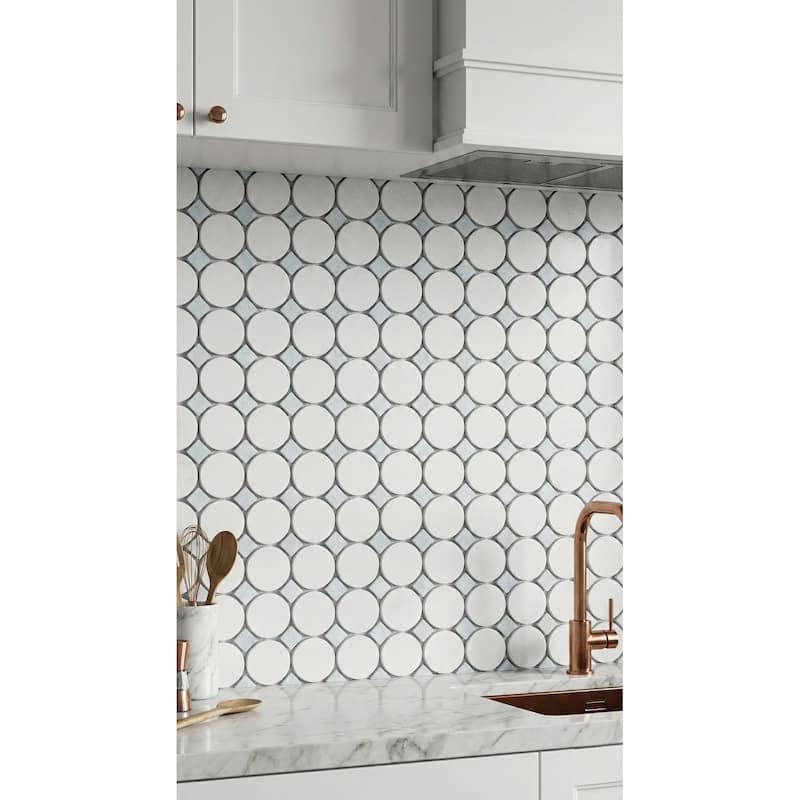 ES STONE - 1 3/4" Thassos White Marble Circle With Dot Mosaic Floor And Wall Tile - Case (10 Sheets)