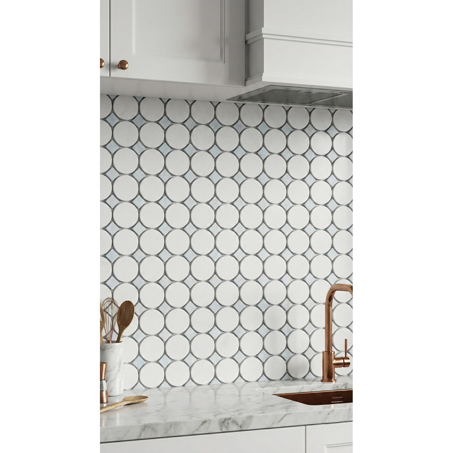 ES STONE - 1 3/4" Thassos White Marble Circle With Dot Mosaic Floor And Wall Tile - Case (10 Sheets)
