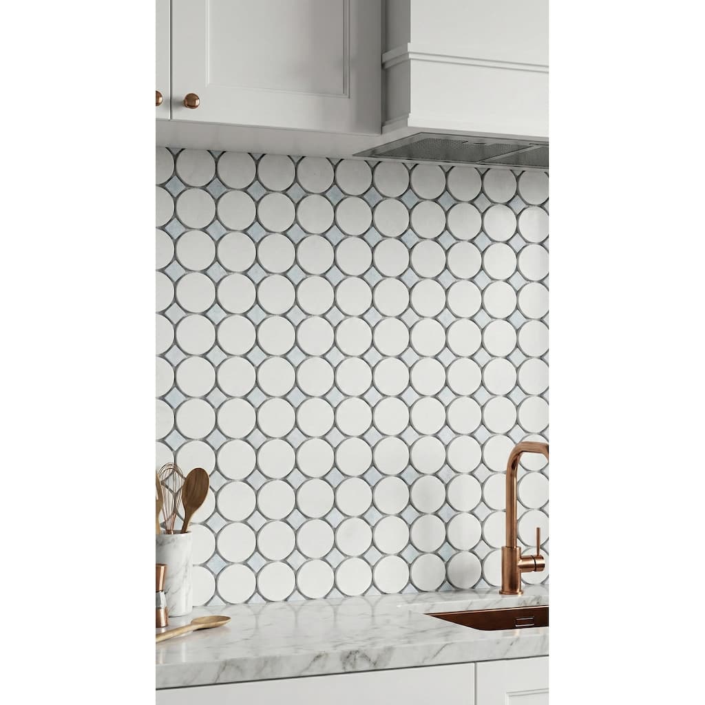 ES STONE - 1 3/4" Thassos White Marble Circle With Dot Mosaic Floor And Wall Tile - Case (10 Sheets)