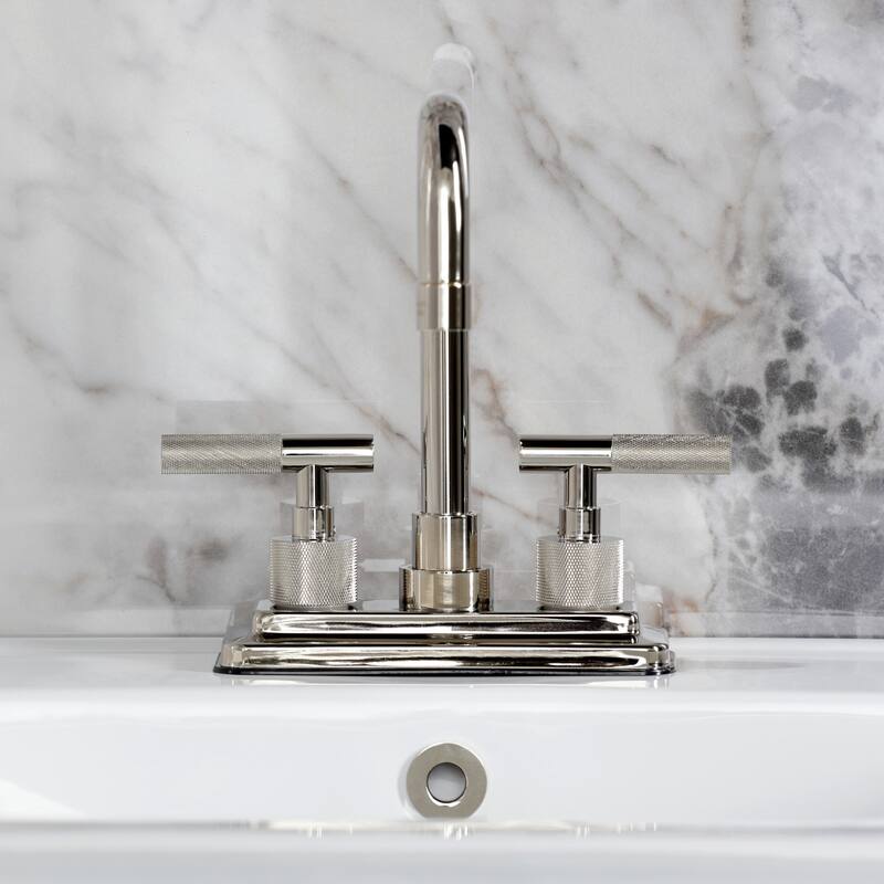 Kingston Brass Convergent Two-Handle 3-Hole Deck Mount 4" Centerset Bathroom Faucet with Knurled Handle and Brass Pop-Up Drain