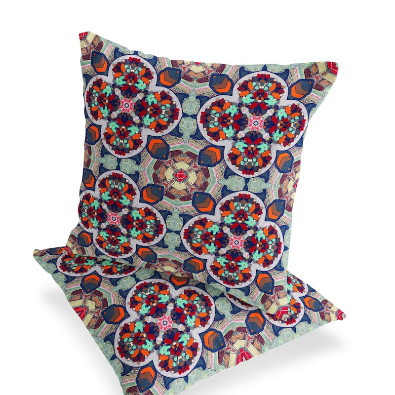 HomeRoots Set of Two 16" X 16" Blue and Orange Blown Seam Floral Indoor Outdoor Throw Pillow - 16.00' X '16.00' X '5.00