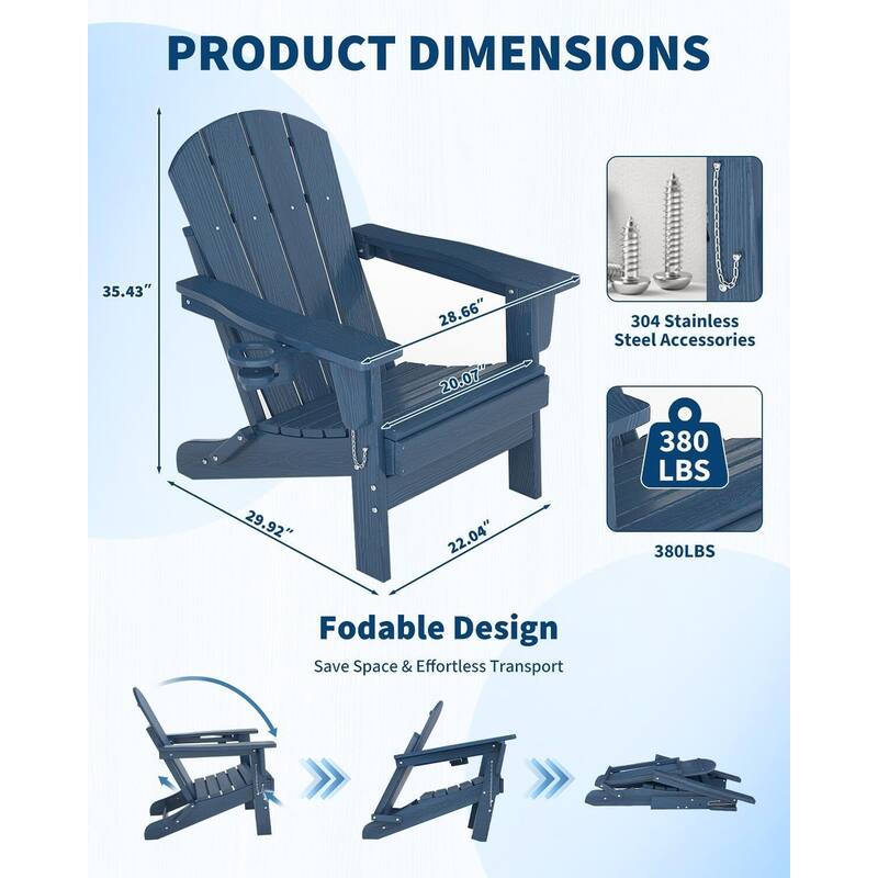 1-PieceHDPE Folding Adirondack Chair All-Weather Wood-Look with Cup Holder