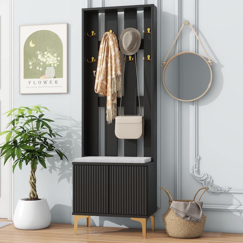Roomfitters Luxury Hall Tree with Bench and Cushion, Versatile 4-in-1 Mudroom Organizer with Fluted Doors - Black