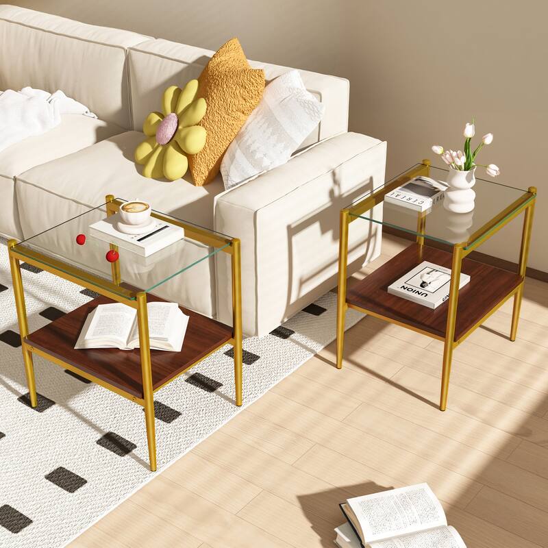 Set of 2 Rectangle End Table, Tempered Glass Tabletop with MDF layer, Modern Table for Living Room, Transparent Glass - Gold