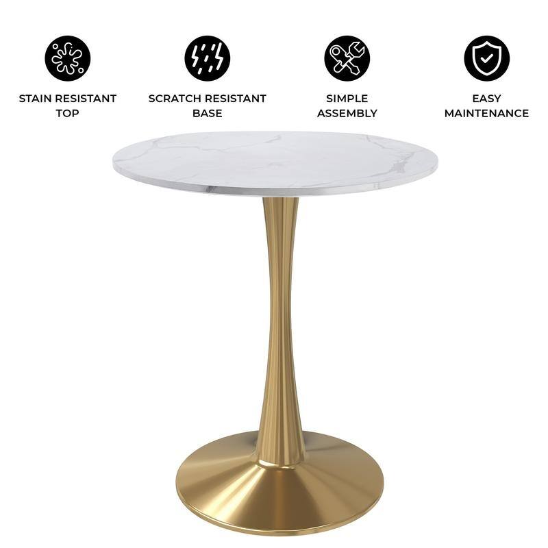 Bristol Minimalist Modern Round Dining Table with Solid Wood Top and Accent Gold Stainless Steel Base for Home or Kitchen