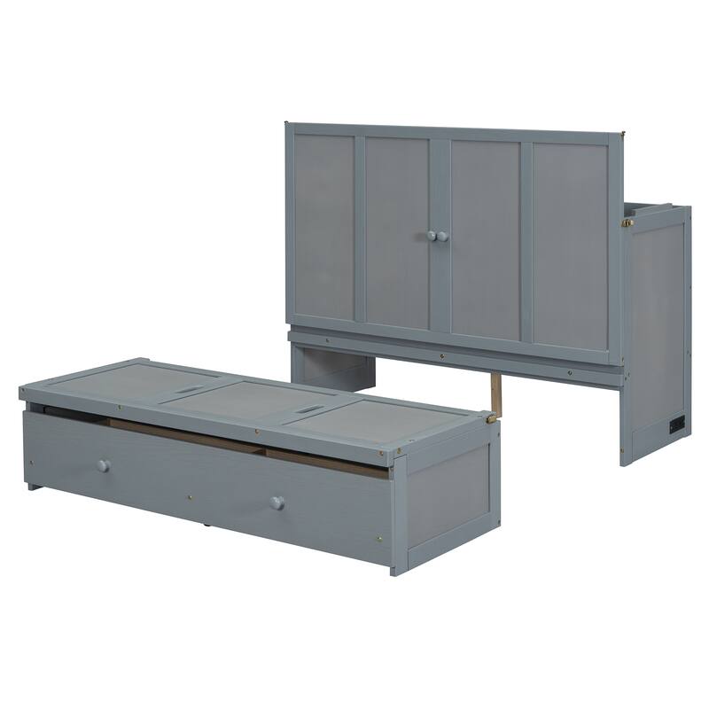 Queen Size Murphy Bed Cabinet with USB Charging Ports and Storage Drawer, Foldable Space-Saving Design with Pine Wood Frame