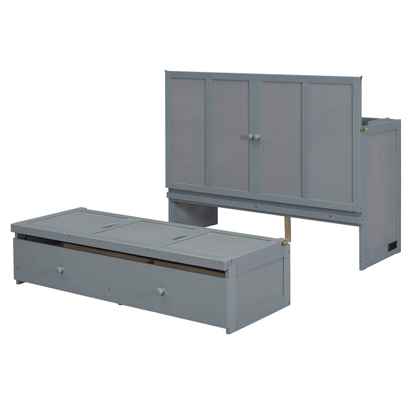 Wood Murphy Chest Bed Frame with Drawer and Charging Station, Space Saving Hidden Folding Cabinet Bed