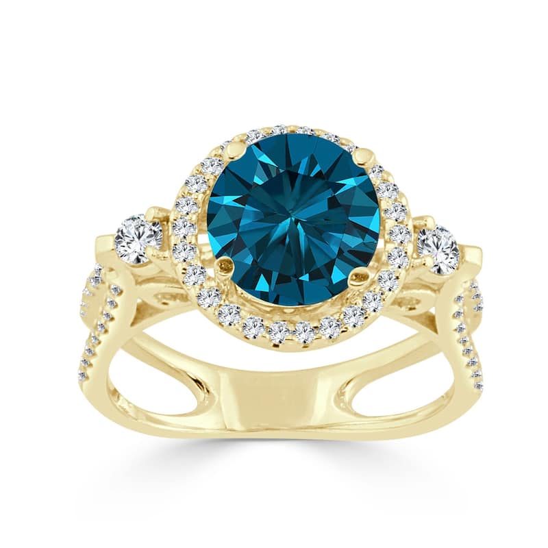 Auriya 14k Gold 1 Carat TW Contemporary Halo Blue Diamond Engagement Ring - Yellow - 4