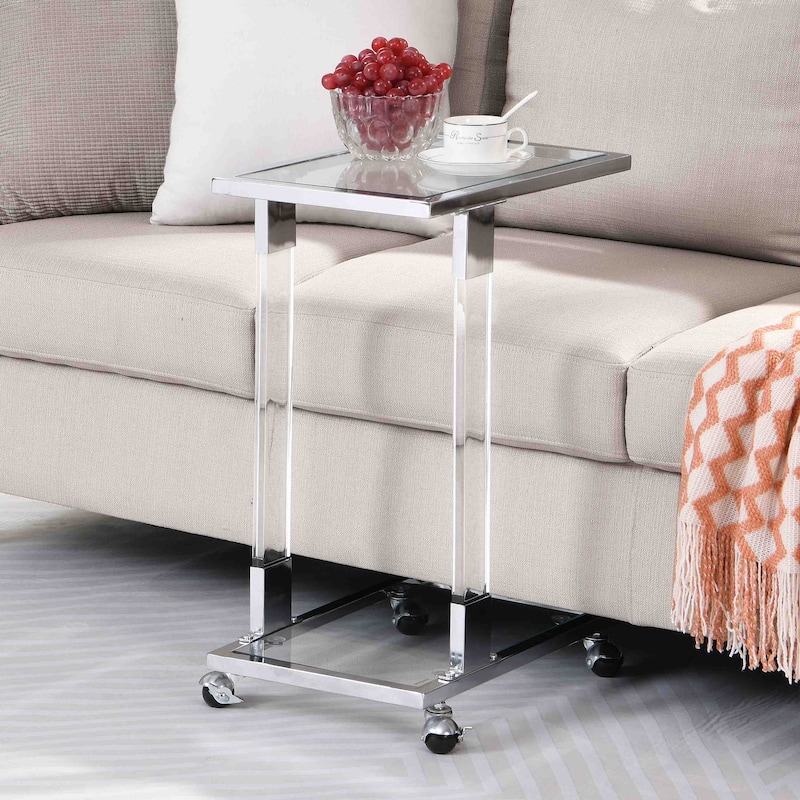 C-Shape Square Acrylic Side Table Sofa Table with Glass Top and Metal Base - 17.72"L×12.6"W×25.35"H