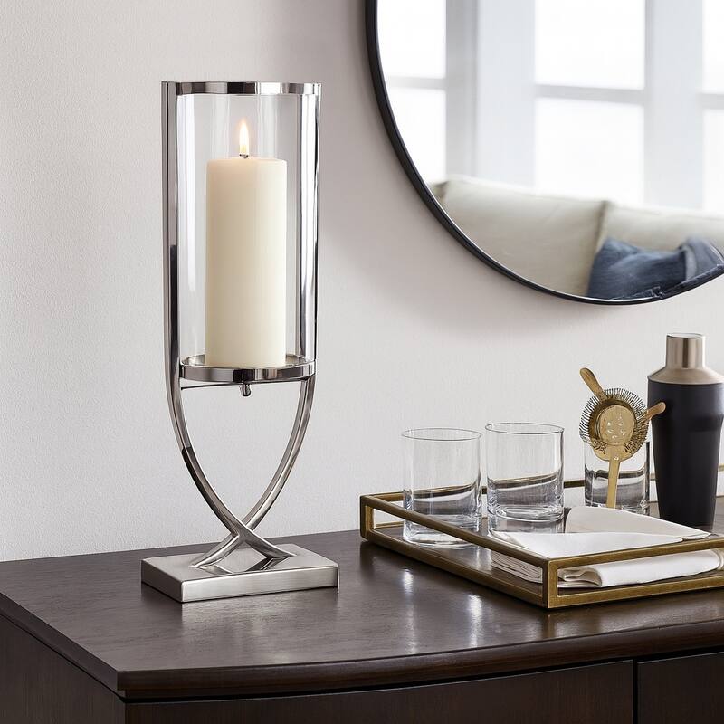 Modern Glass Pillar Candle Holder Decorative Lantern with Steel Frame - Silver/ Metallic - 23.0"