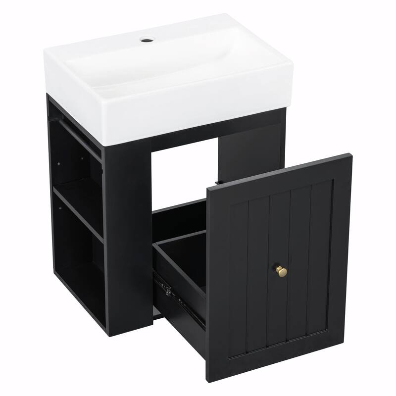 20-Inch Bathroom Vanity with Ceramic Sink - MDF Storage Cabinet with Drawer, Side Shelf and Silver Handle