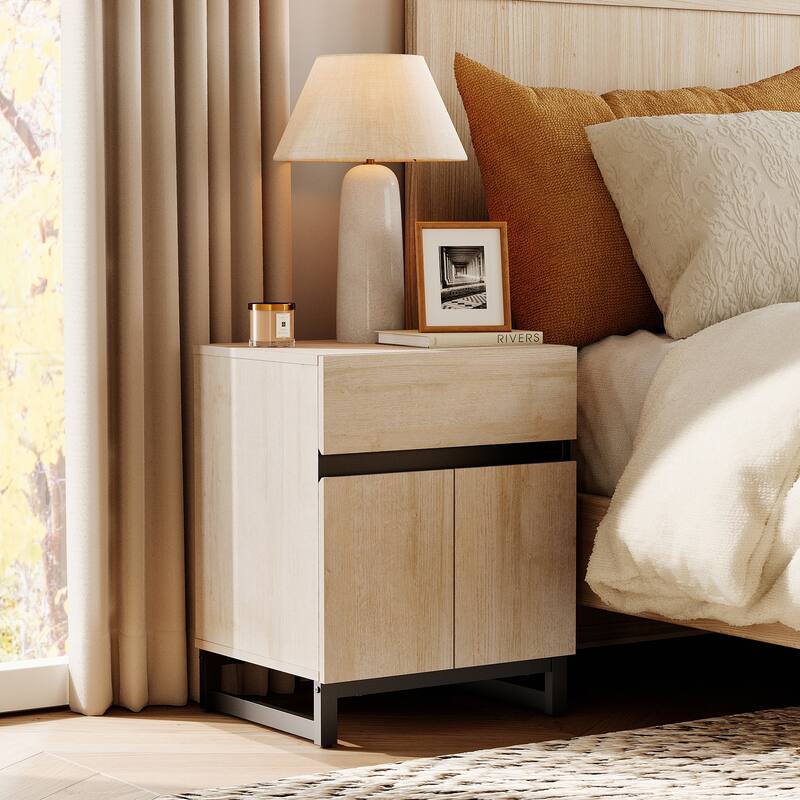 WAMPAT Modern Nightstand with 1 Drawer & 1 Storage Cabinet, Farmhouse Bedside Table with 2 Open Door forBedroom