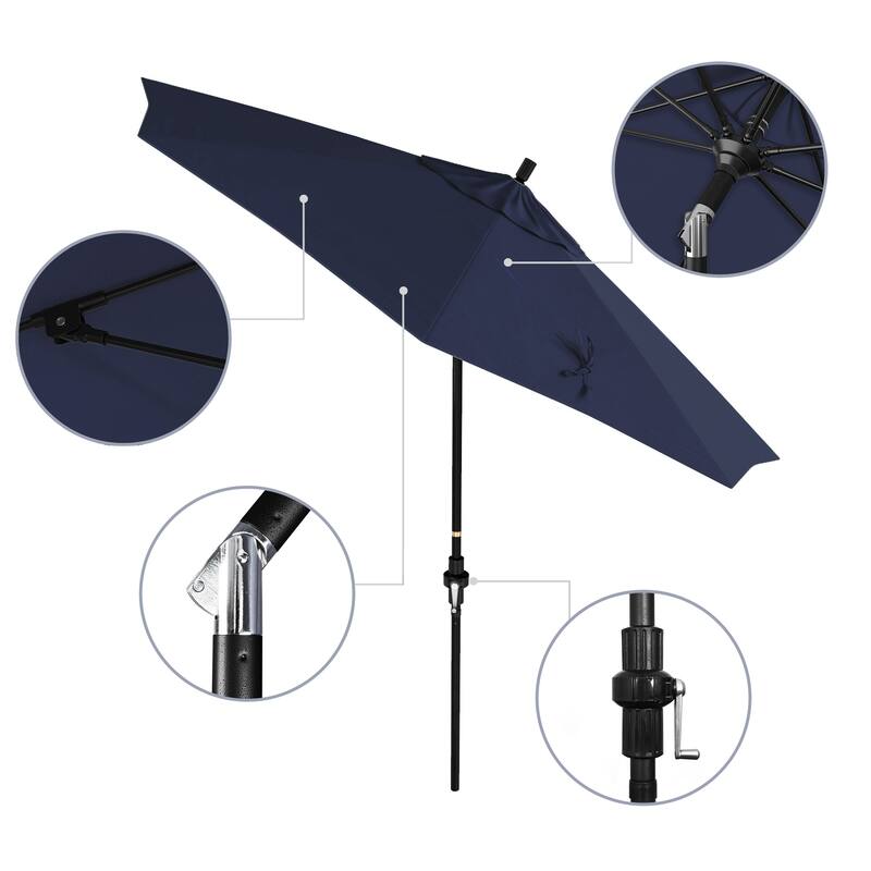 California Umbrella 9' Rd Patio Umbrella Black Aluminum Frame Fiberglass Ribs Crank Lift Collar Tilt, Pacifica Pacific Blue